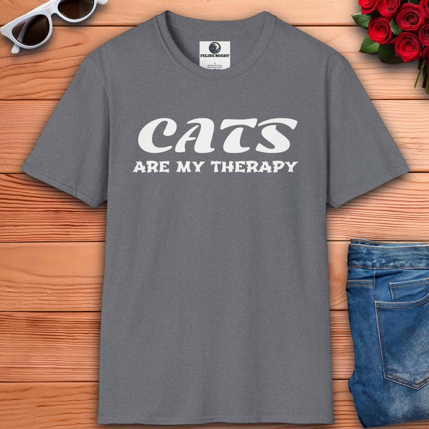 Stylish athletic heather grey t-shirt with 'Cats Are My Therapy' text design