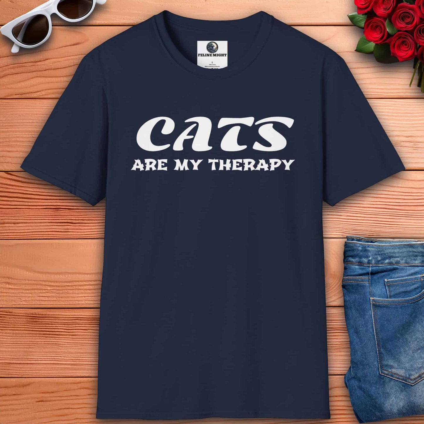 Stylish navy blue t-shirt with 'Cats Are My Therapy' text design