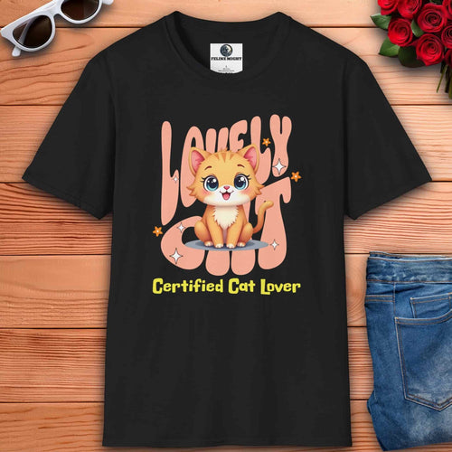 A black Certified Cat Lover Graphic T-Shirt featuring adorable cat graphic and playful text for cat lovers.