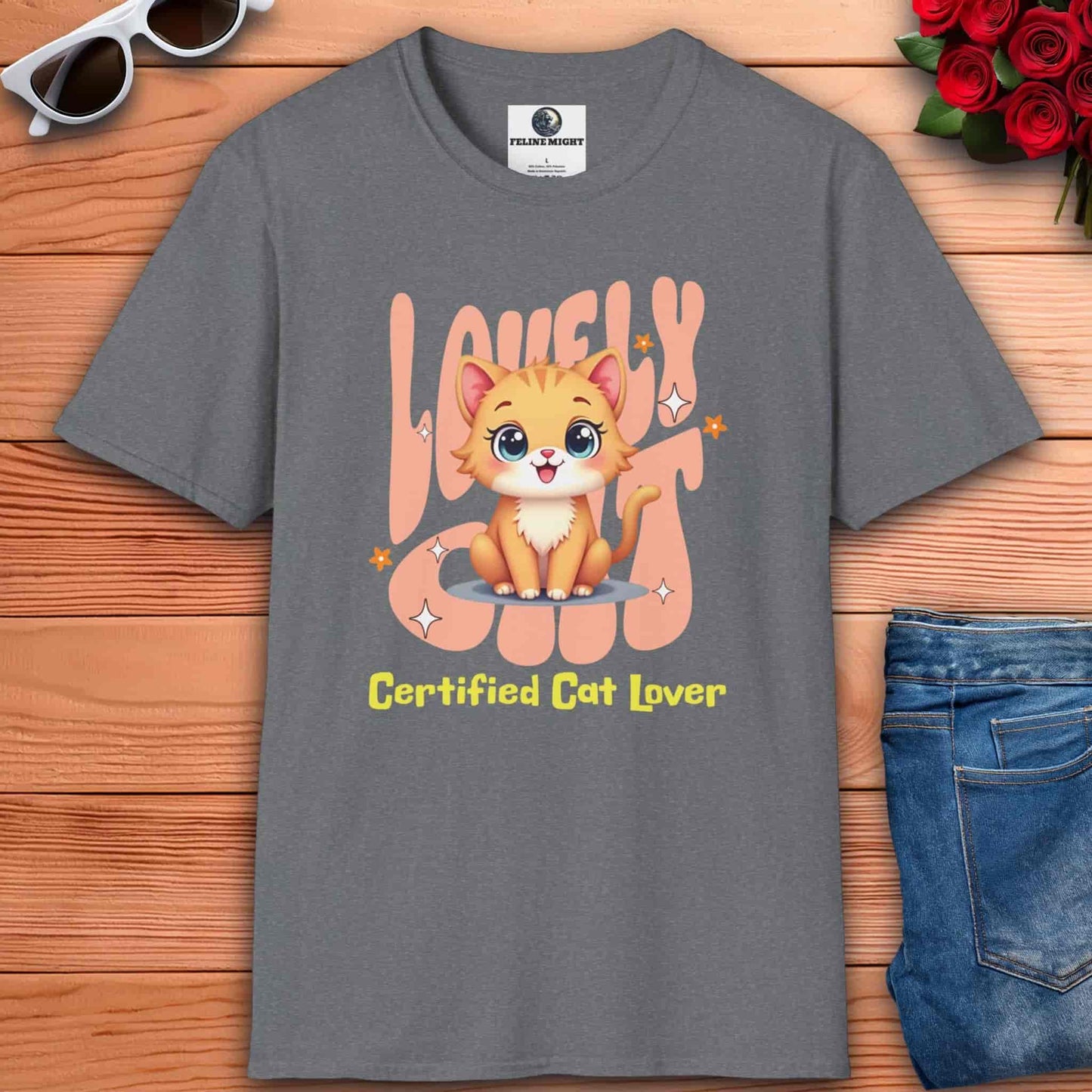 Cute athletic heather grey t-shirt featuring a cartoon cat with the text 'Certified Cat Lover'.