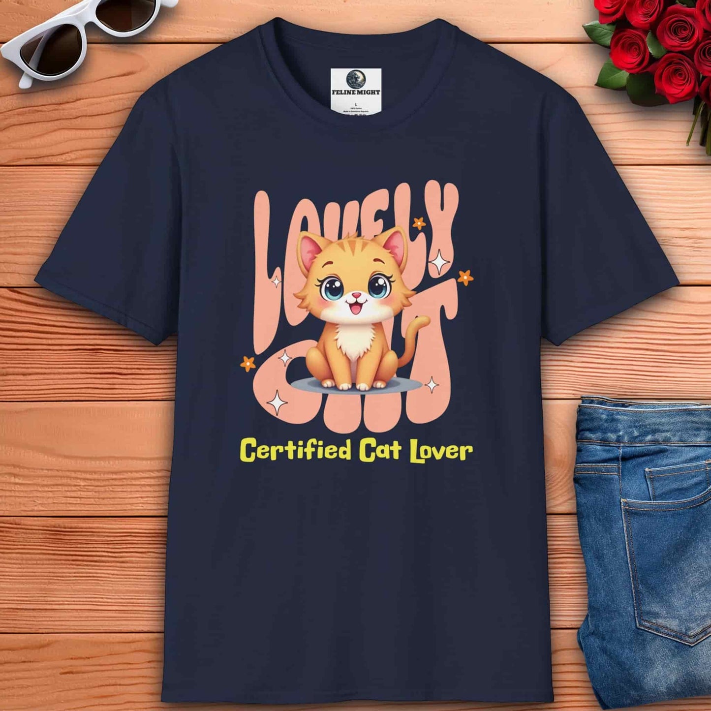 Cute navy blue t-shirt featuring a cartoon cat with the text 'Certified Cat Lover'.