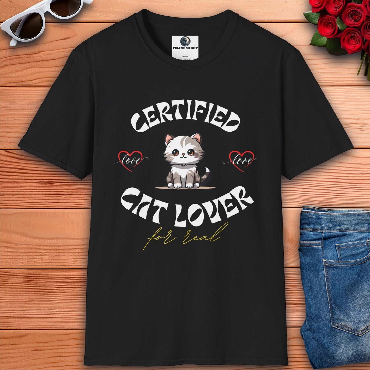 Black t-shirt with 'Certified Cat Lover' design featuring a cute cat and hearts