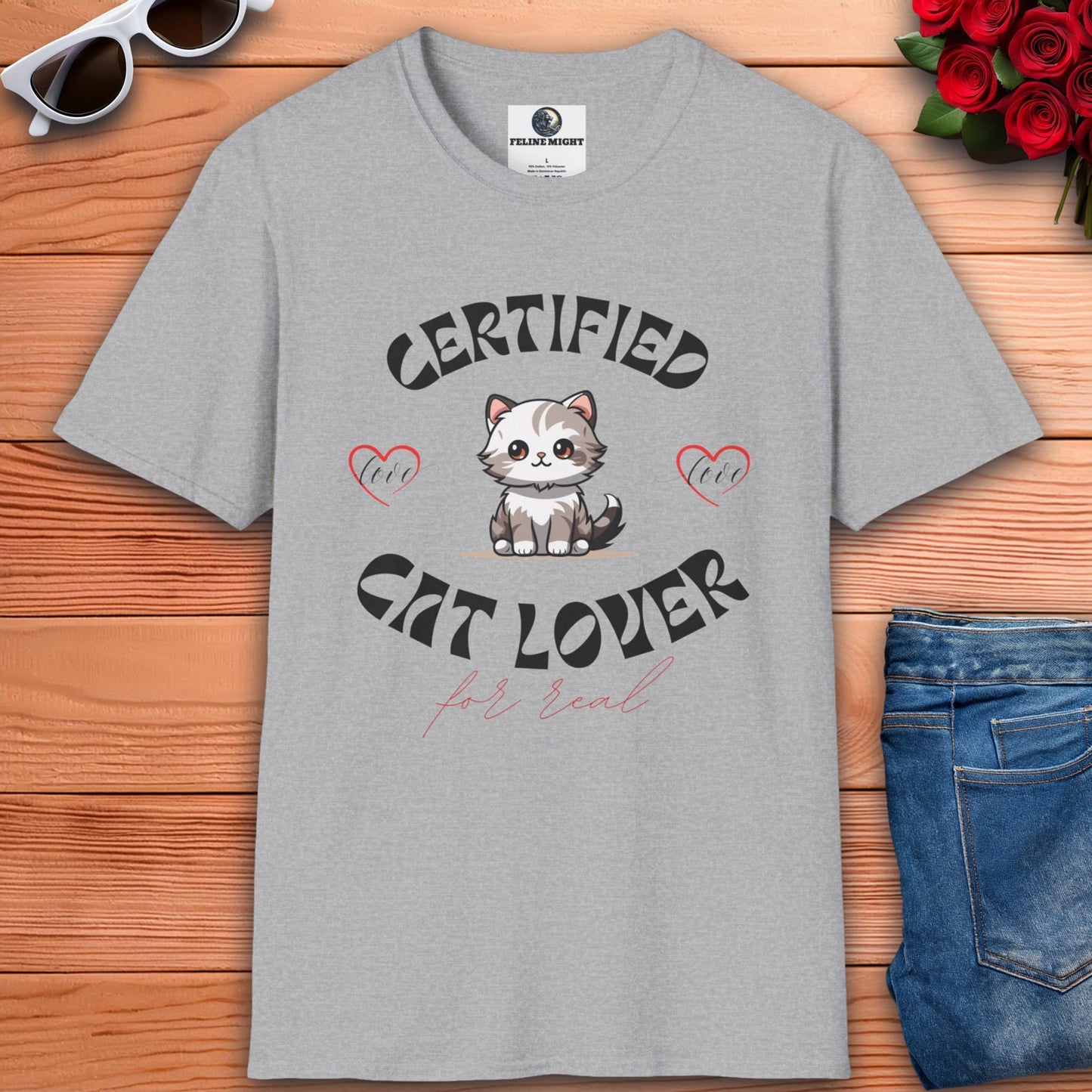 Grey t-shirt with 'Certified Cat Lover' design featuring a cute cat and hearts