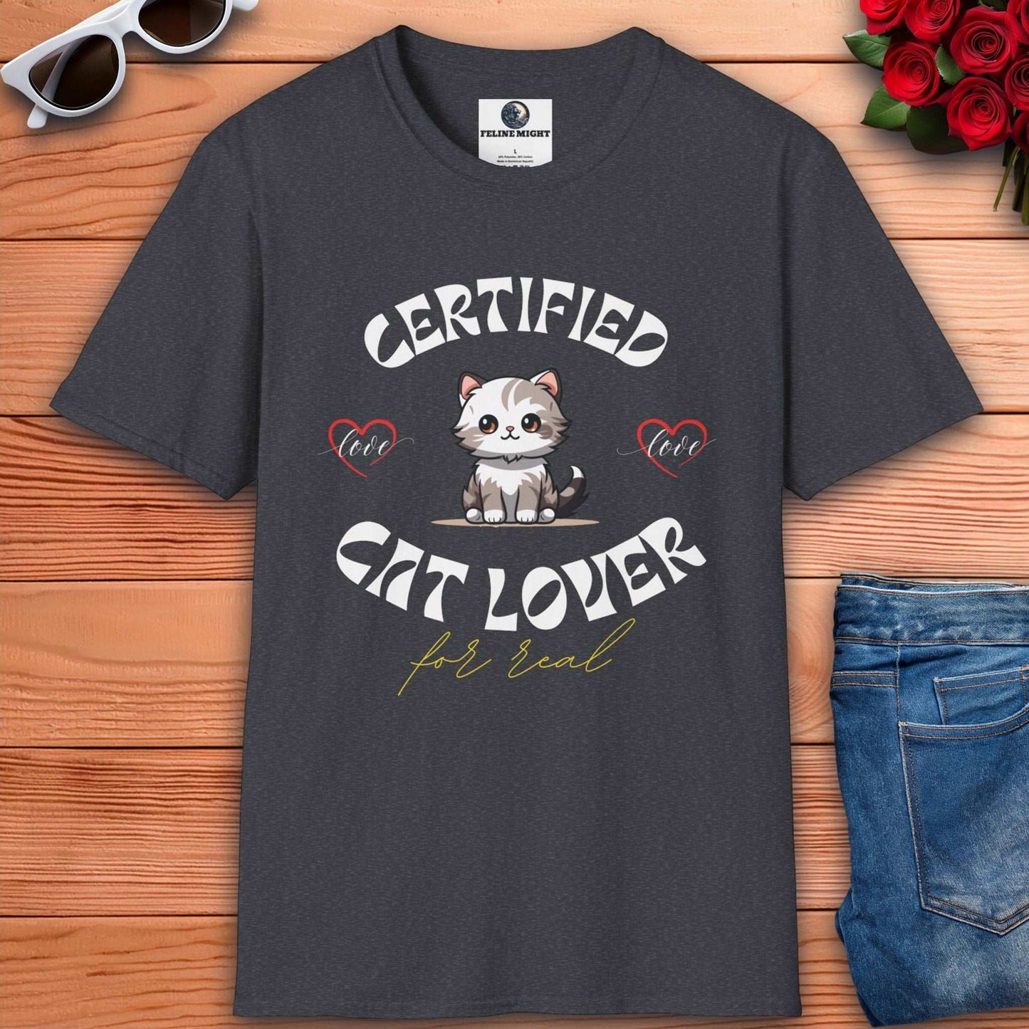 Dark heather grey t-shirt with 'Certified Cat Lover' design featuring a cute cat and hearts