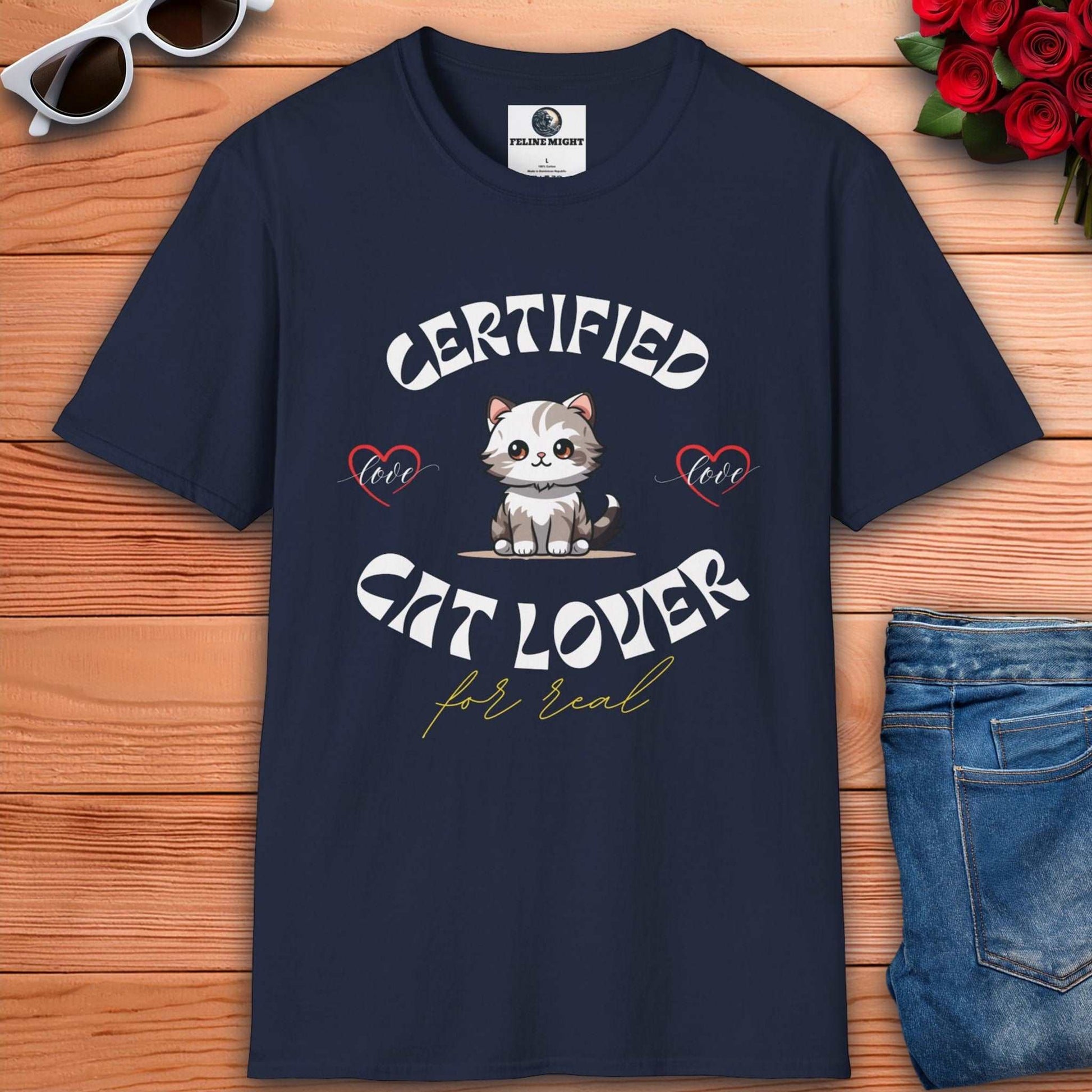 Navy blue t-shirt with 'Certified Cat Lover' design featuring a cute cat and hearts