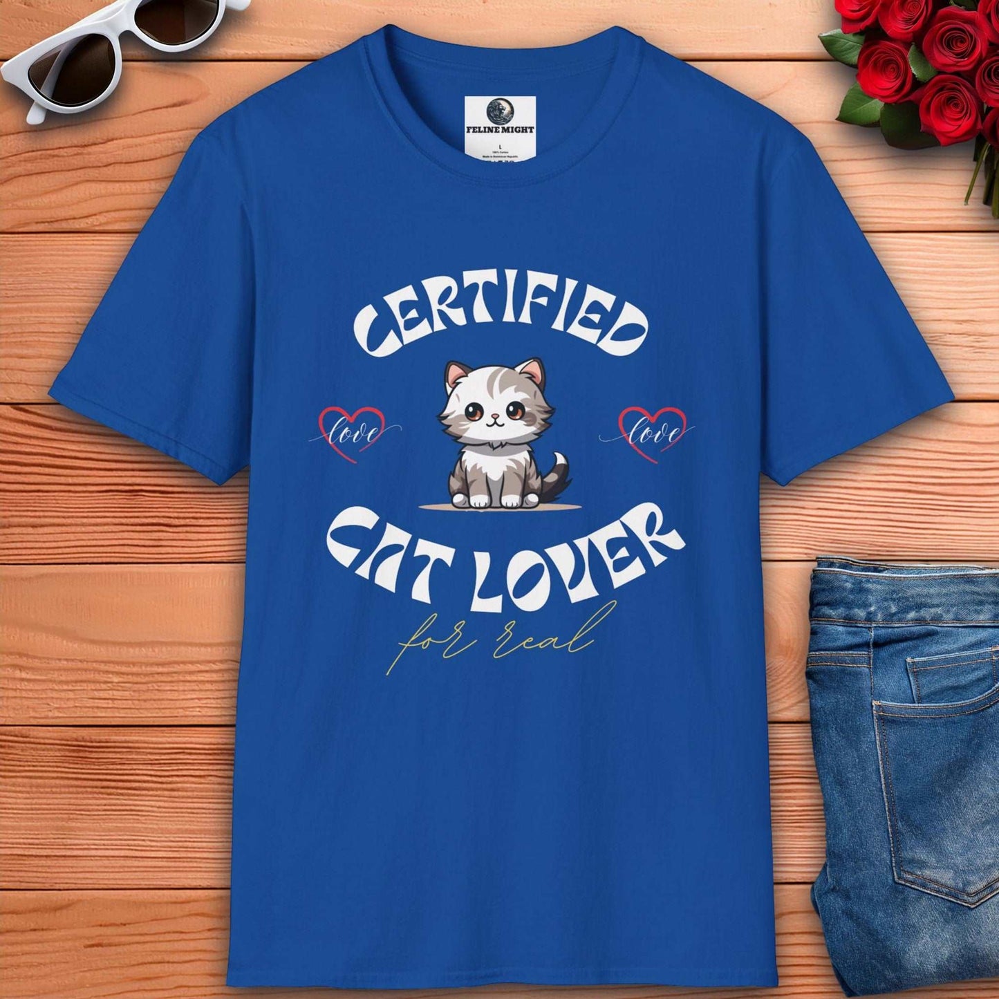 Royal blue t-shirt with 'Certified Cat Lover' design featuring a cute cat and hearts