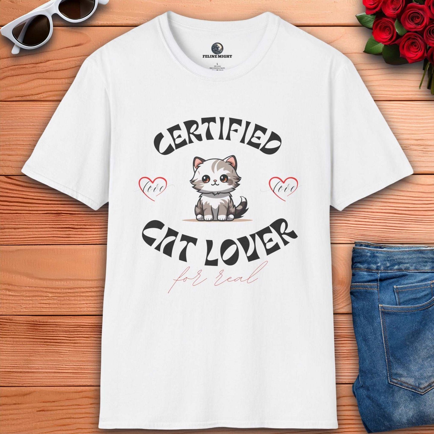 White t-shirt with 'Certified Cat Lover' design featuring a cute cat and hearts