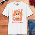 A white Certified Cat Lover Graphic T-Shirt featuring adorable cat graphic and playful text for cat lovers.