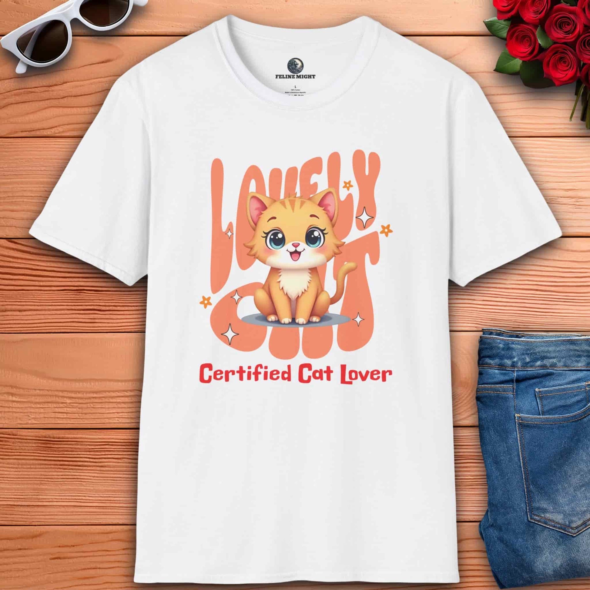 Cute white t-shirt featuring a cartoon cat with the text 'Certified Cat Lover'.