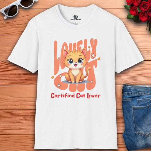A white Certified Cat Lover Graphic T-Shirt featuring adorable cat graphic and playful text for cat lovers.