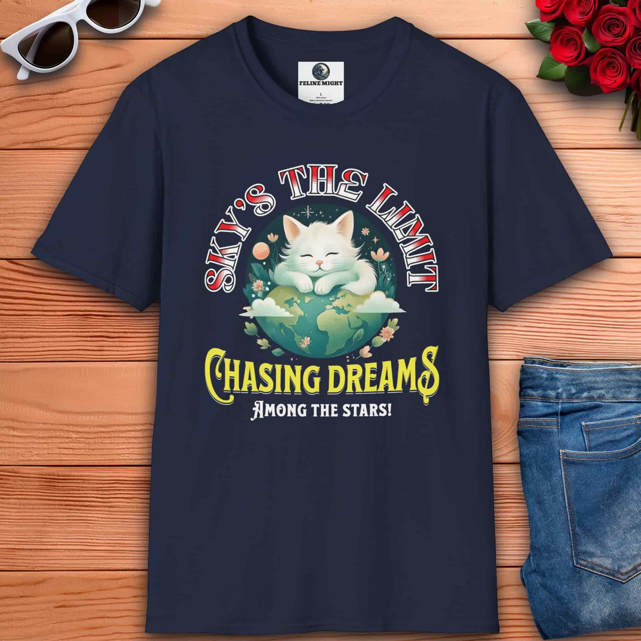 A navy blue Sky's the Limit Cat T-Shirt featuring a motivational design with a cat and the phrase 'Sky's the Limit'.