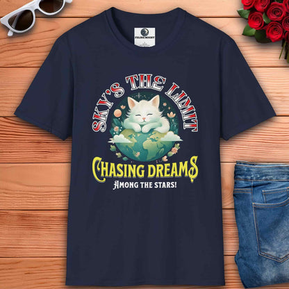 Chasing Dreams Cat T-Shirt featuring a motivational design with a cat and the phrase 'Sky's the Limit' on a navy blue tee.