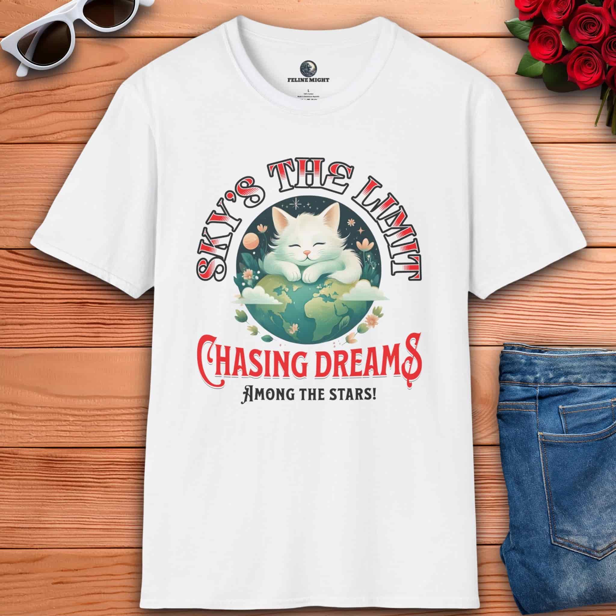 A white Sky's the Limit Cat T-Shirt featuring a motivational design with a cat and the phrase 'Sky's the Limit'.