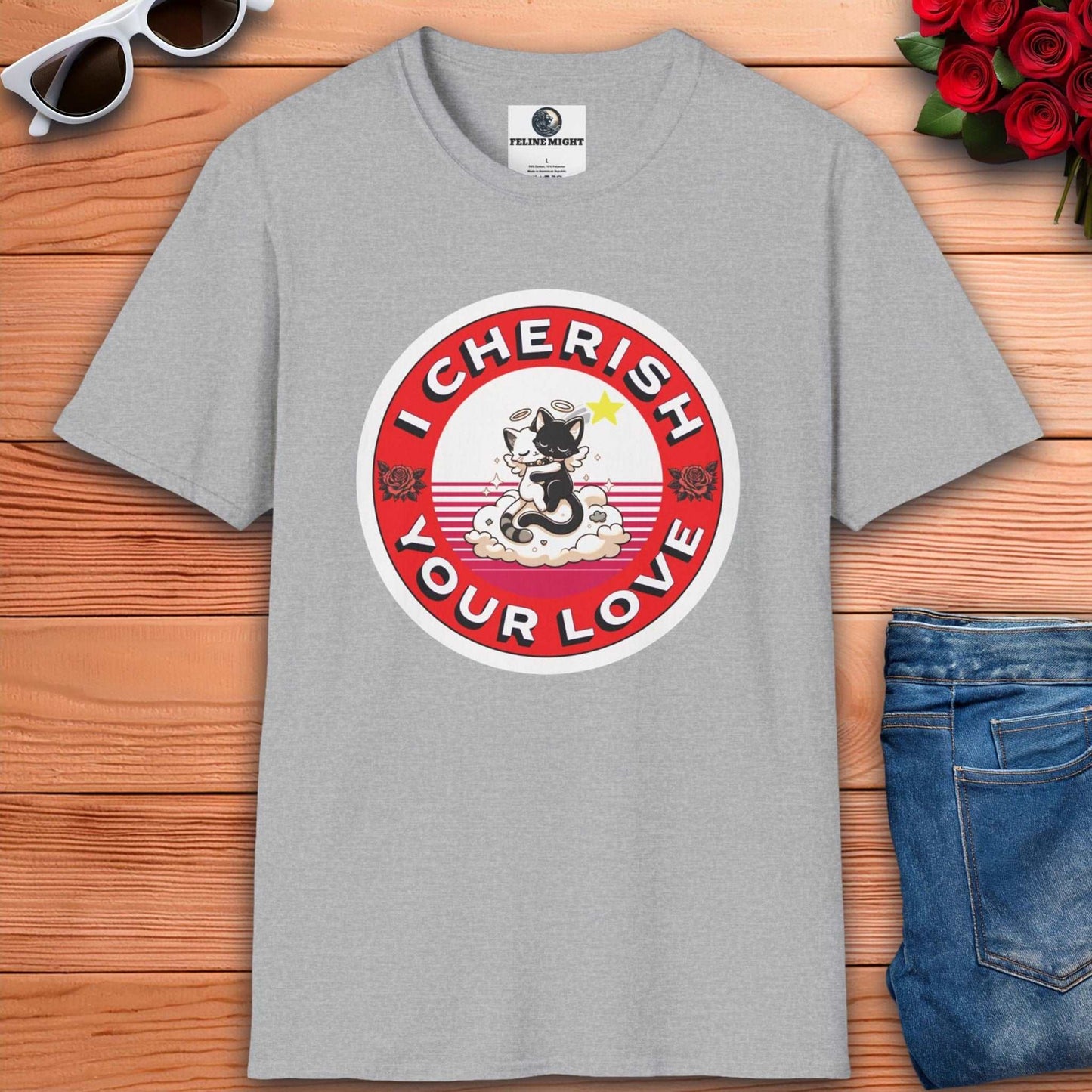 Grey t-shirt with 'I Cherish Your Love' graphic featuring a cute cat design