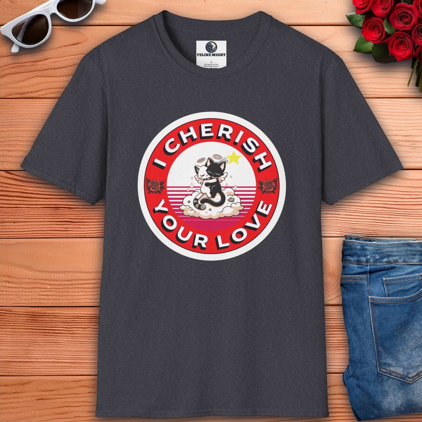 Dark heather grey t-shirt with 'I Cherish Your Love' graphic featuring a cute cat design