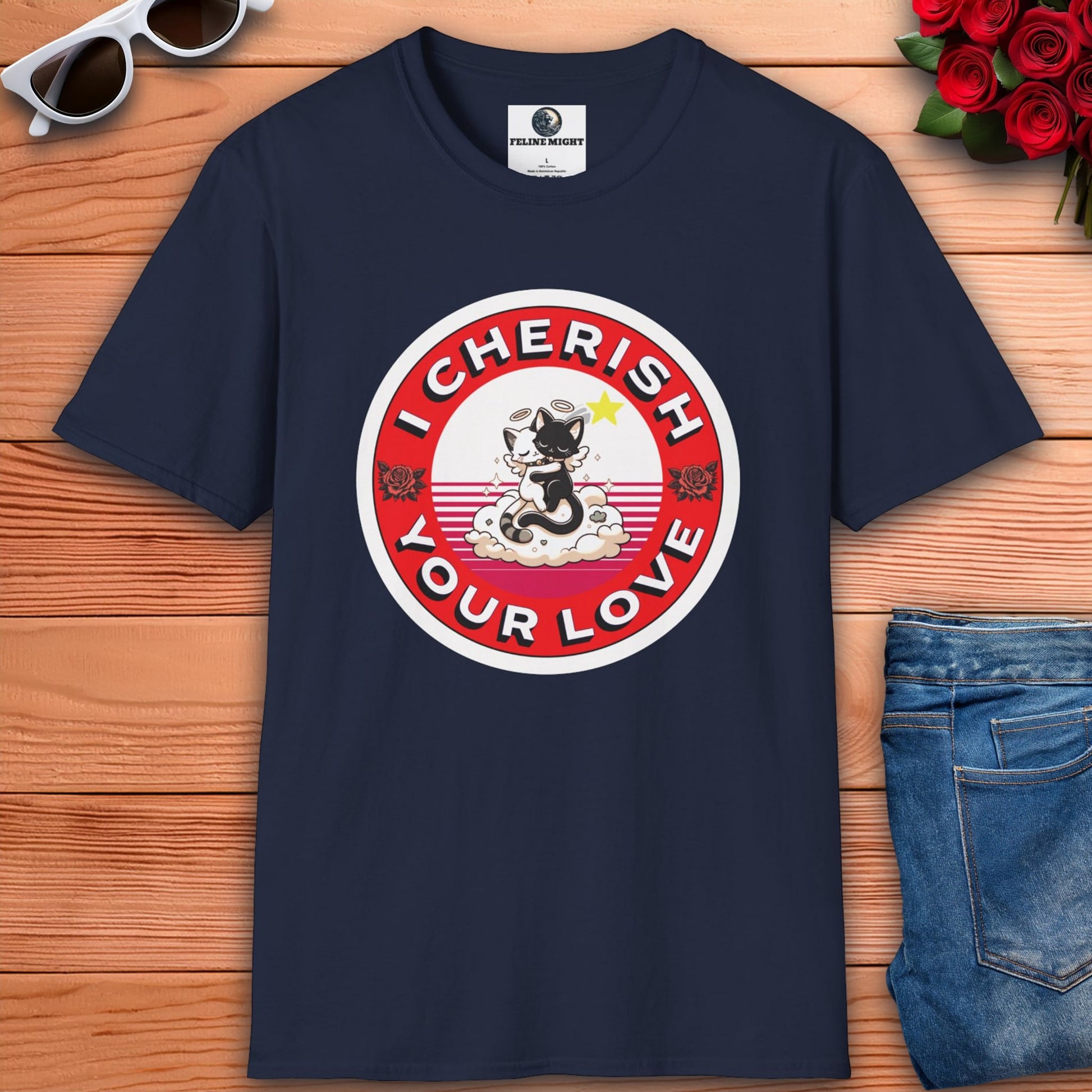 Navy blue t-shirt with 'I Cherish Your Love' graphic featuring a cute cat design