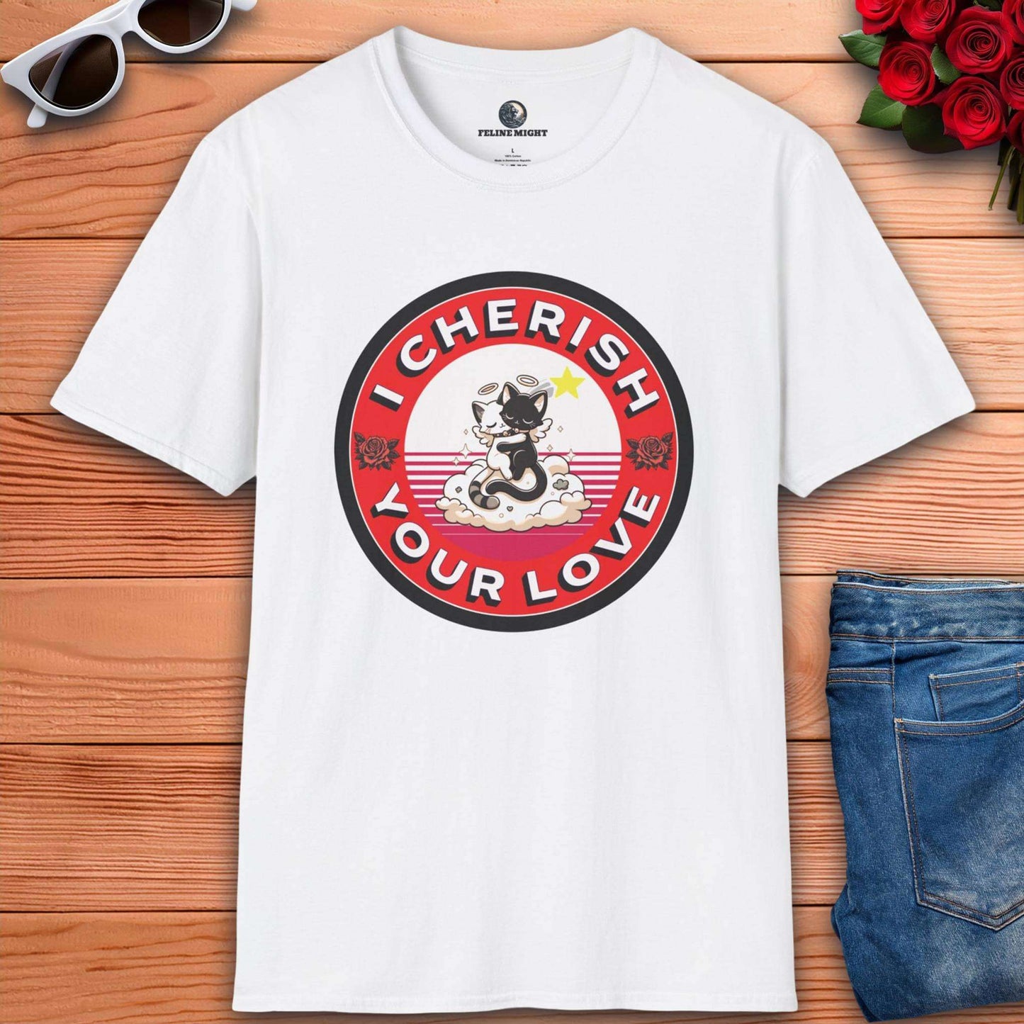 White t-shirt with 'I Cherish Your Love' graphic featuring a cute cat design