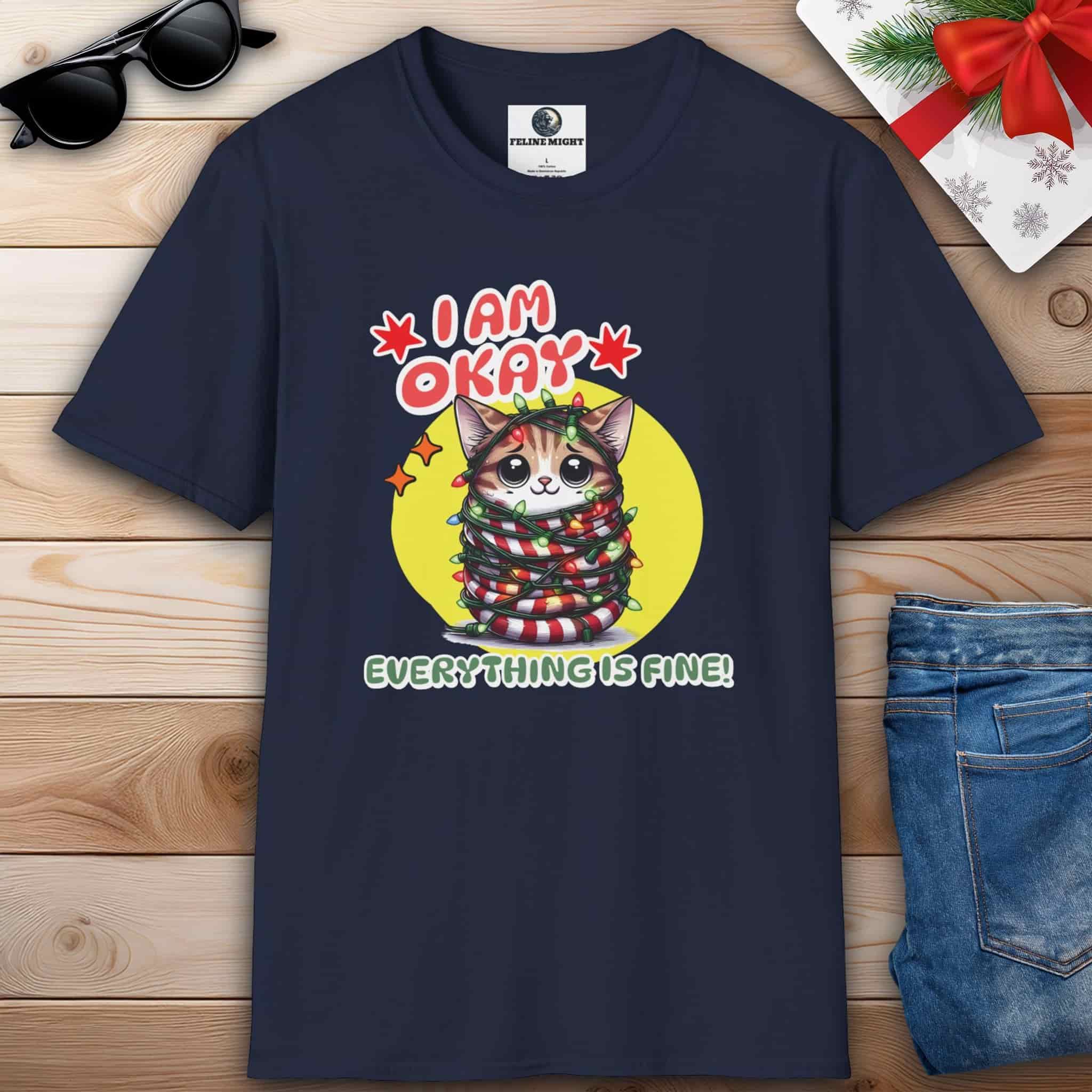 A navy blue Everything Is Fine Cat T-Shirt featuring a cat that humorously states, "I am Okay. Everything is fine!" spreading joy and laughter during the holiday season.