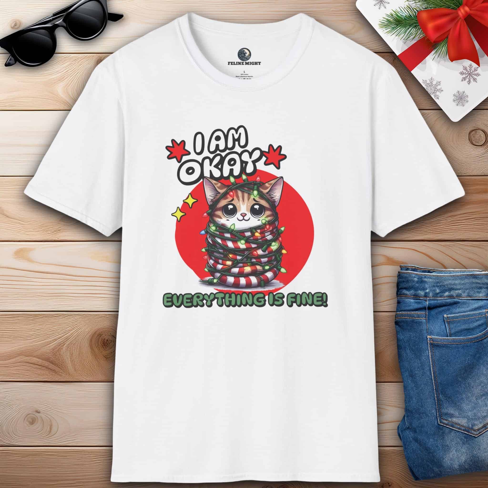 A white Everything Is Fine Cat T-Shirt featuring a cat that humorously states, "I am Okay. Everything is fine!" spreading joy and laughter during the holiday season.