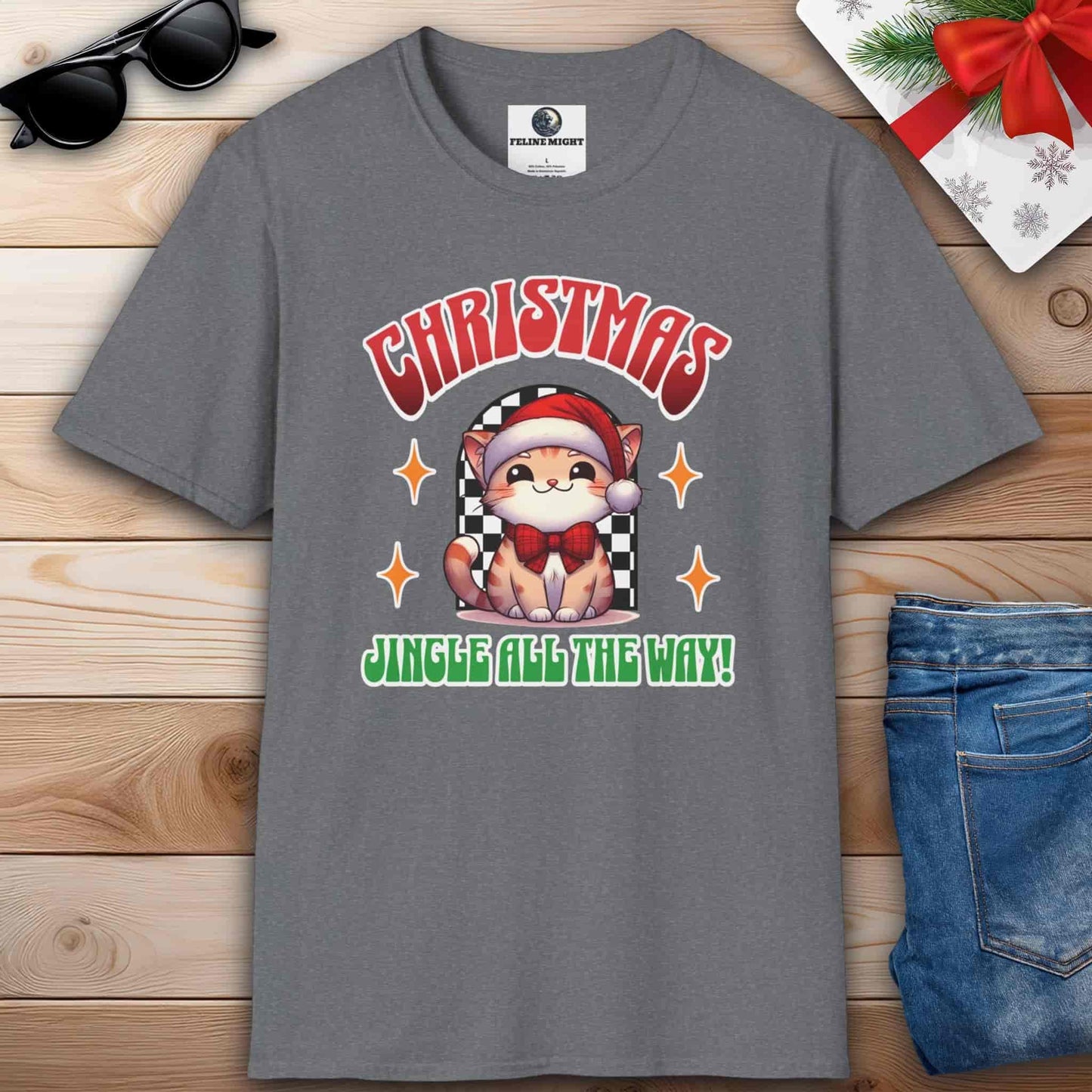 A joyful grey T-shirt featuring a cat with the phrase "Jingle all the way," perfect for cat lovers celebrating the holiday spirit.