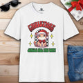 A white Jingle All The Way Cat T-Shirt featuring a cat with a Santa hat, perfect for cat lovers celebrating the holiday spirit.