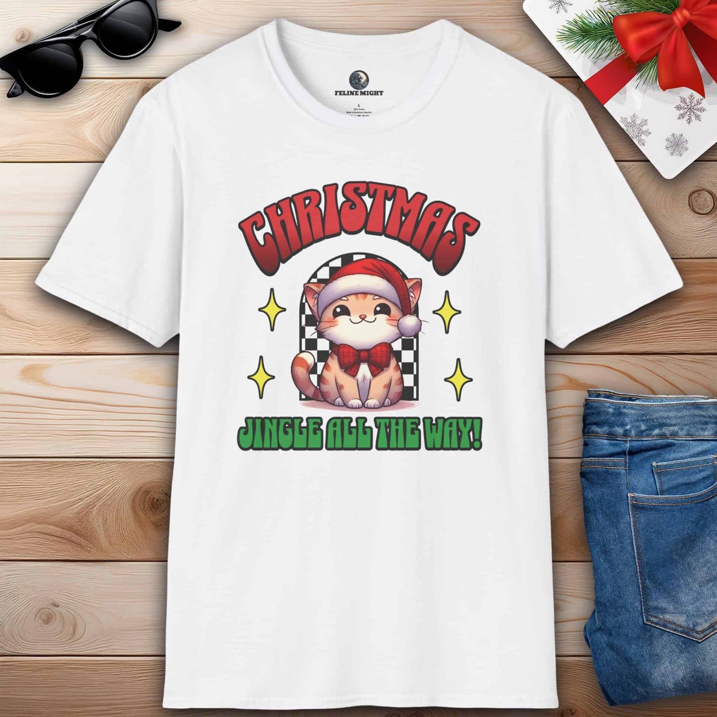 A joyful white T-shirt featuring a cat with the phrase "Jingle all the way," perfect for cat lovers celebrating the holiday spirit.