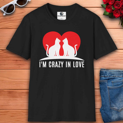 A black Crazy in Love Cat Couple T-Shirt featuring two cats with a heart design, perfect for romantic cat lovers.