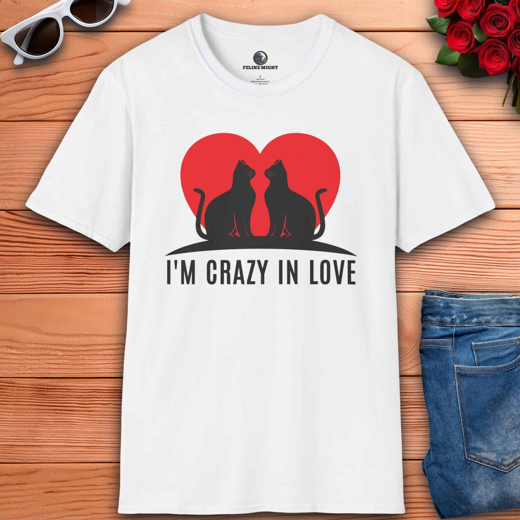 A white I'm Crazy in Love Cat T-Shirt featuring two cats with a heart design, perfect for romantic cat lovers.