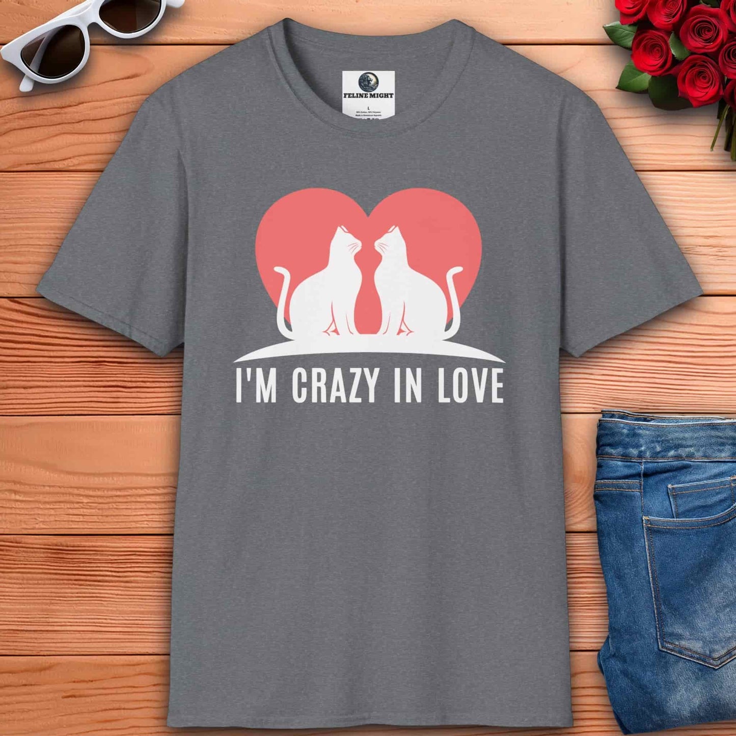 Athletic heather grey t-shirt with "I'M CRAZY IN LOVE" text and cat illustration