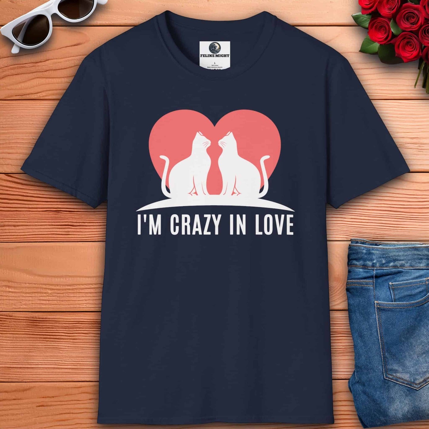 Navy blue t-shirt with "I'M CRAZY IN LOVE" text and cat illustration