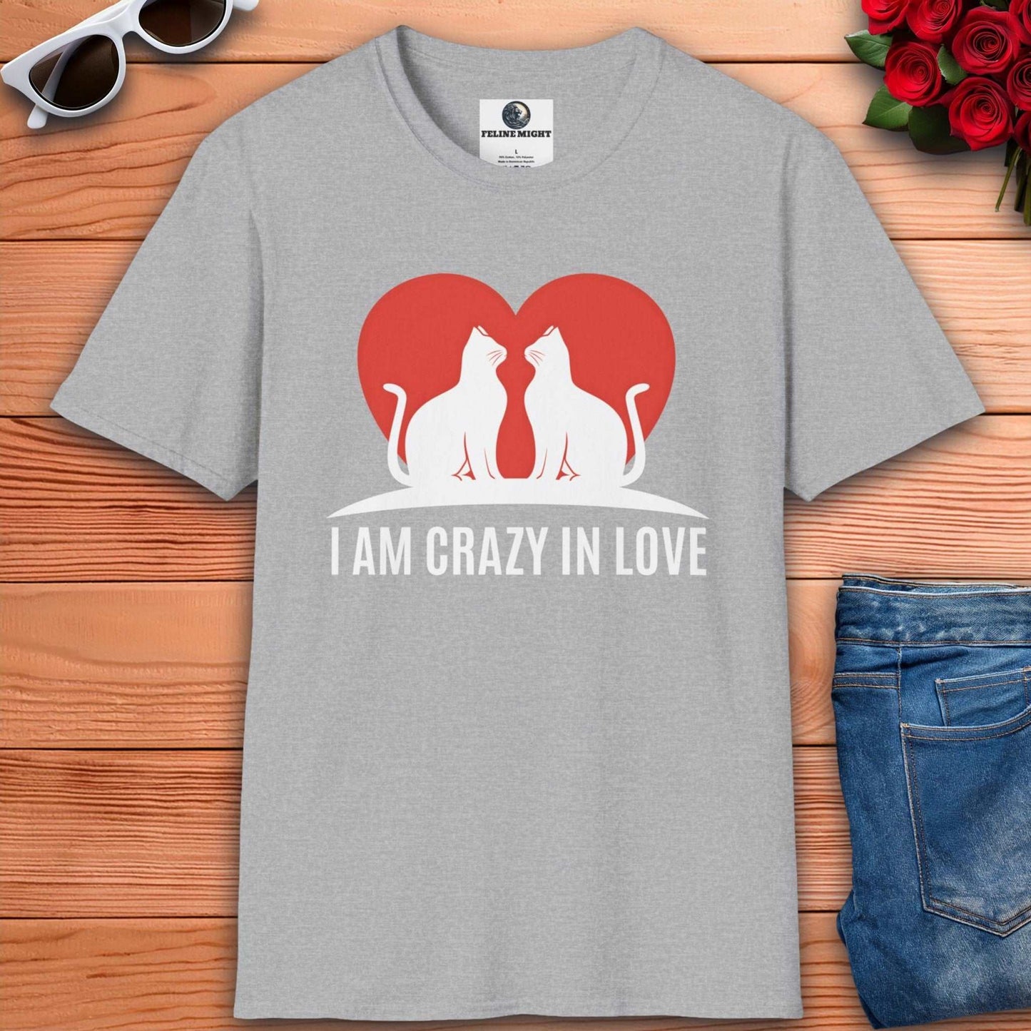 Grey t-shirt with 'I AM CRAZY IN LOVE' text and cat illustration