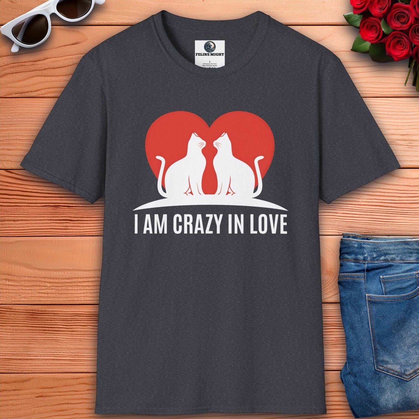 Dark heather grey t-shirt with 'I AM CRAZY IN LOVE' text and cat illustration