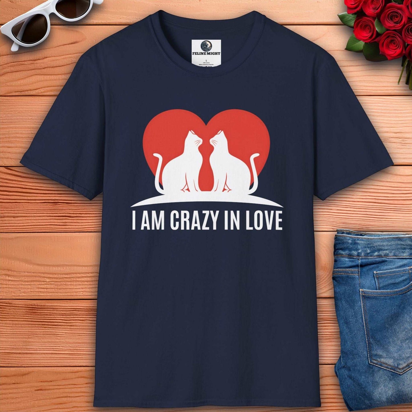 Navy blue t-shirt with 'I AM CRAZY IN LOVE' text and cat illustration