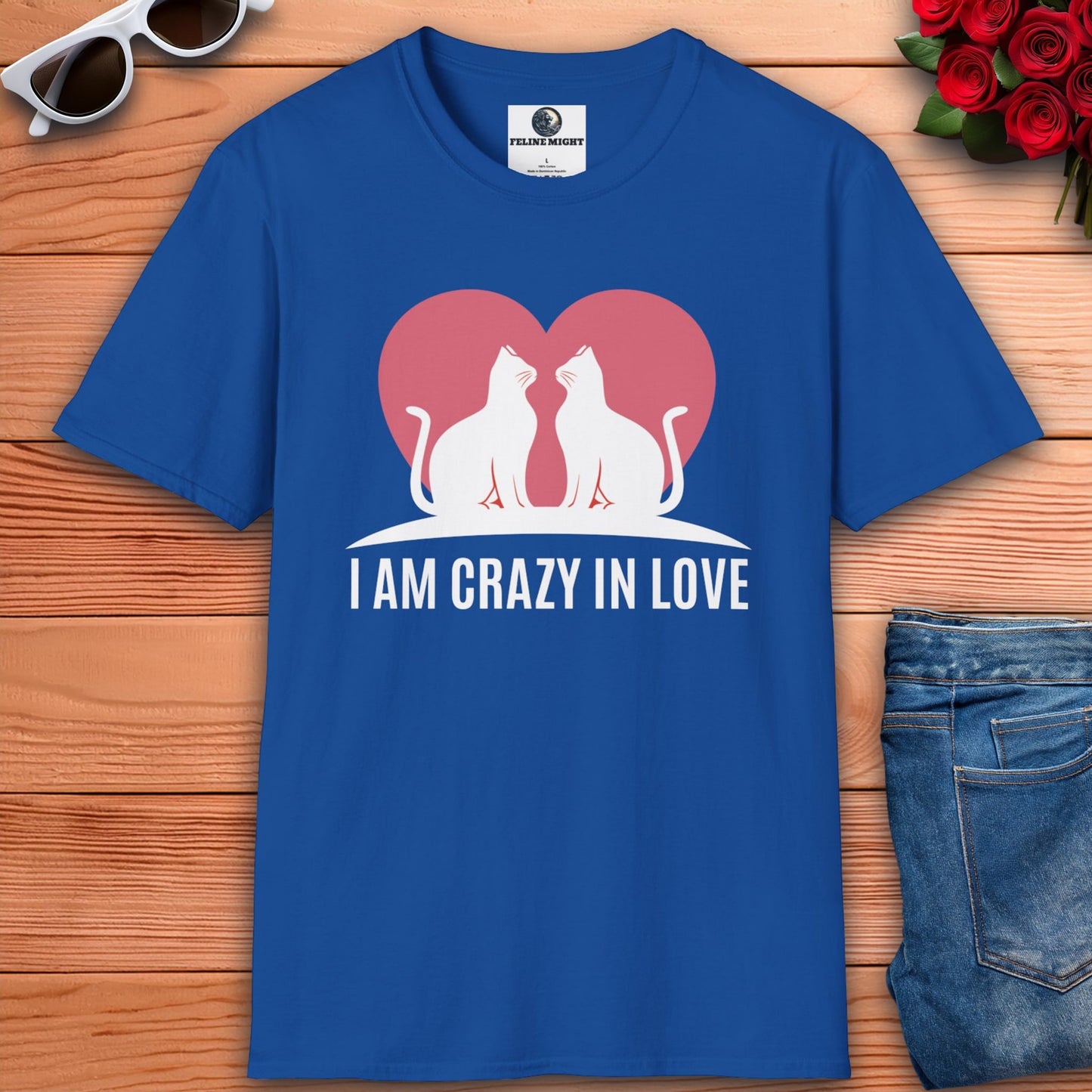 Royal blue t-shirt with 'I AM CRAZY IN LOVE' text and cat illustration