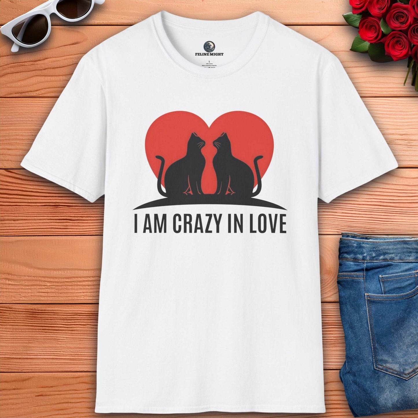 White t-shirt with 'I AM CRAZY IN LOVE' text and cat illustration