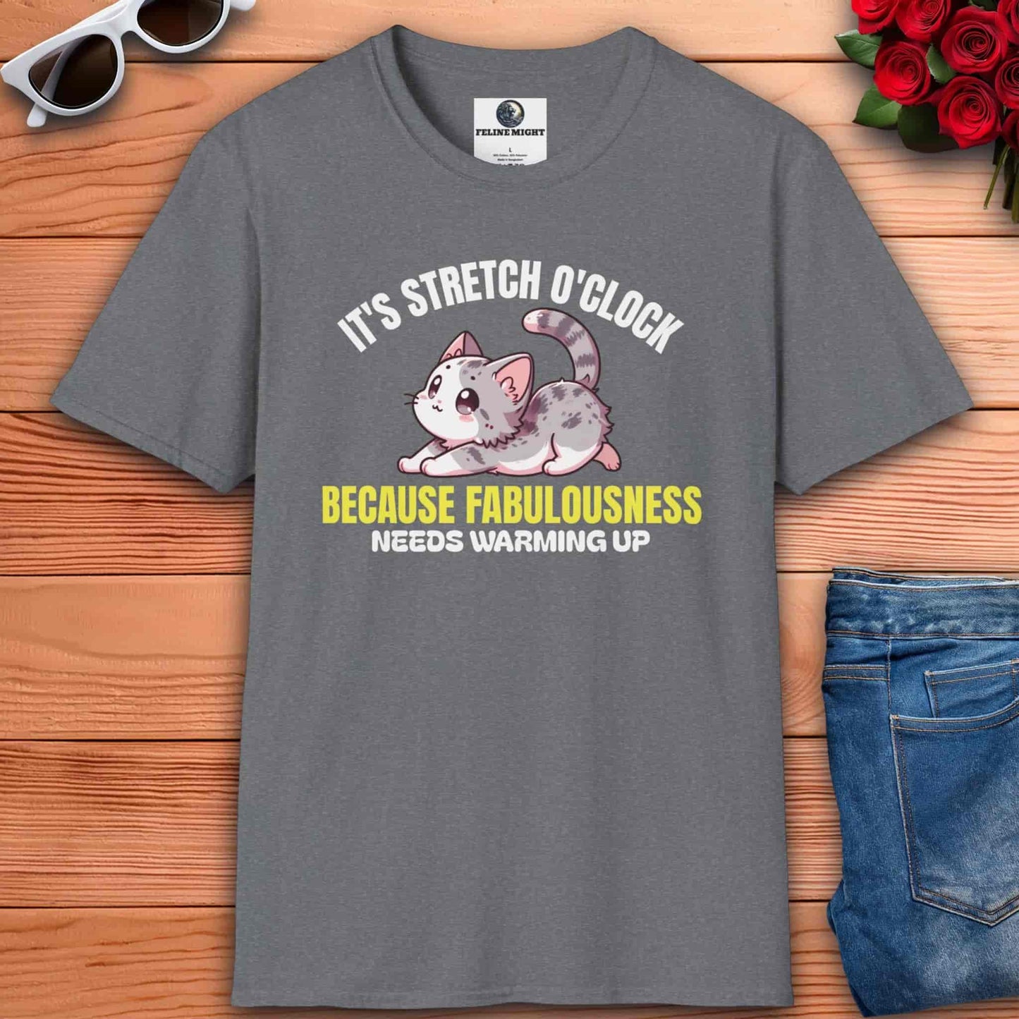 Athletic heathert grey t-shirt with a cute cat design and the text 'It's Stretch O'Clock. Because Fabulousness Needs Warming Up'