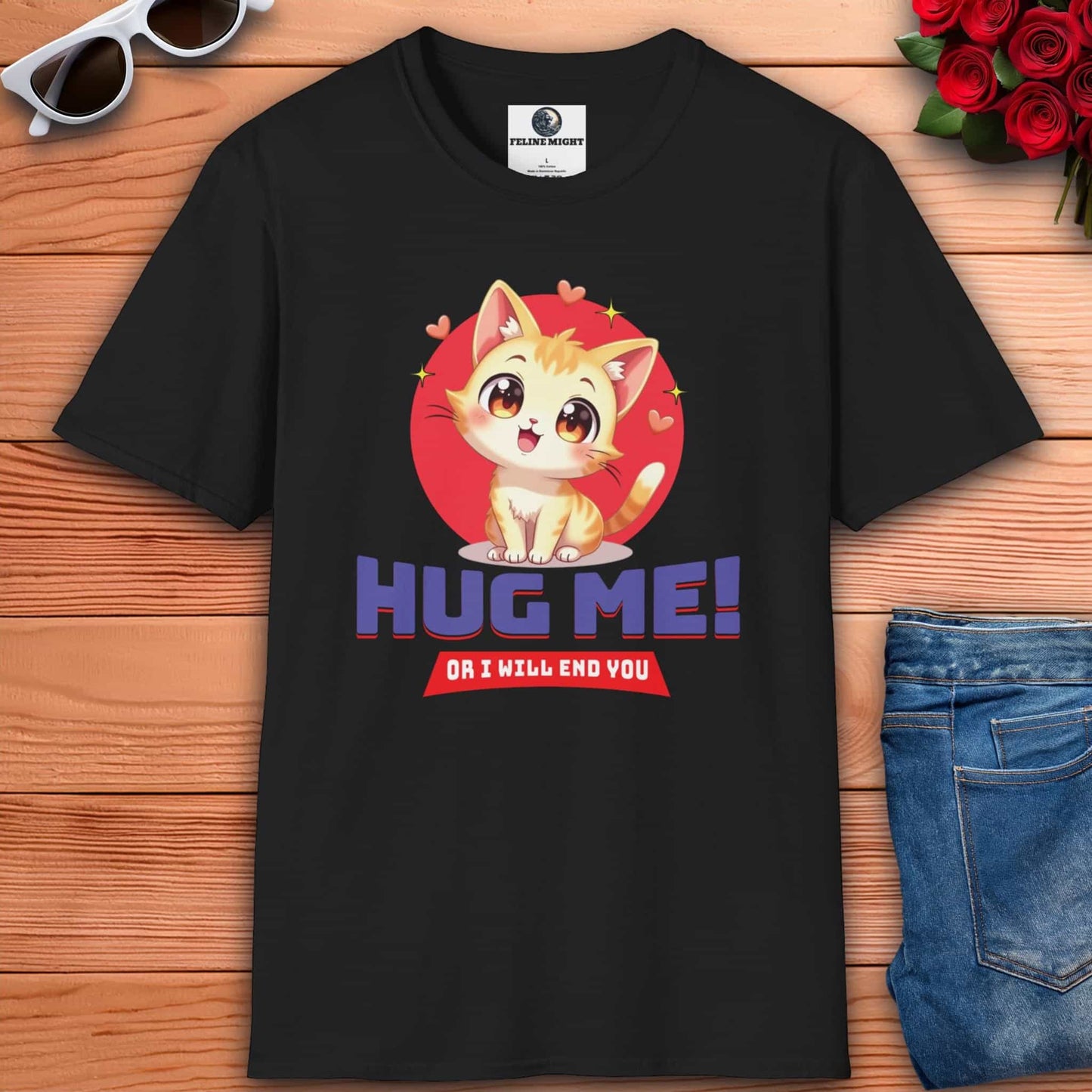 Cute black t-shirt with a cartoon cat saying 'Hug Me!'