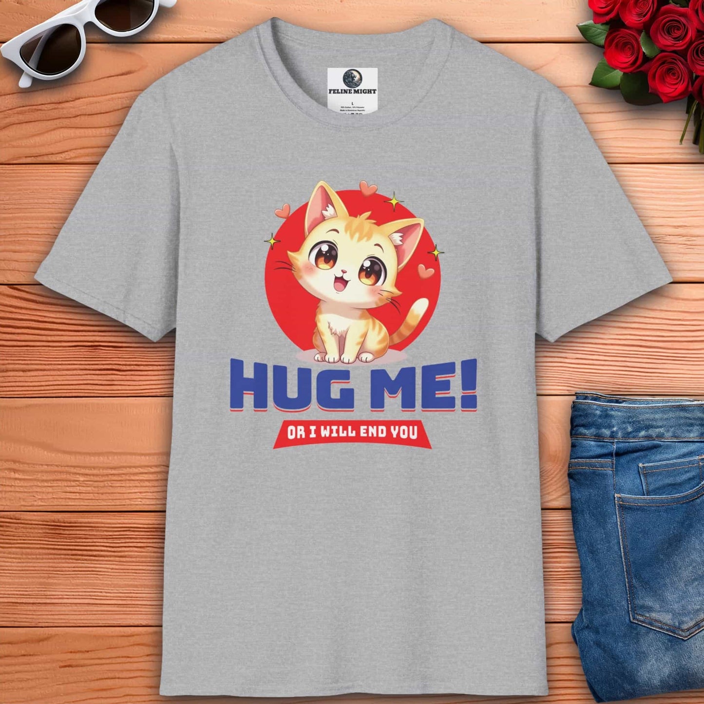 Cute grey t-shirt with a cartoon cat saying 'Hug Me!'