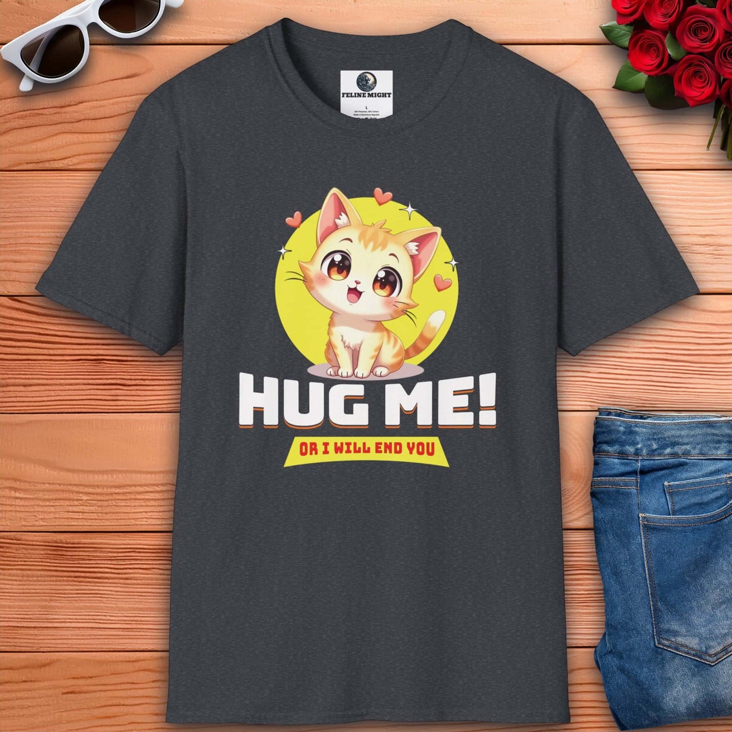 Cute dark heather grey t-shirt with a cartoon cat saying 'Hug Me!'