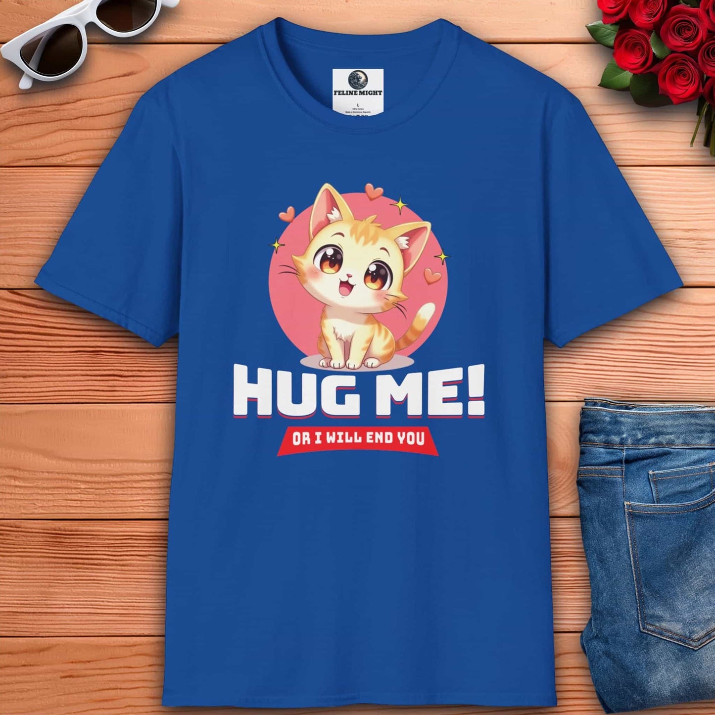 Cute royal blue t-shirt with a cartoon cat saying 'Hug Me!'