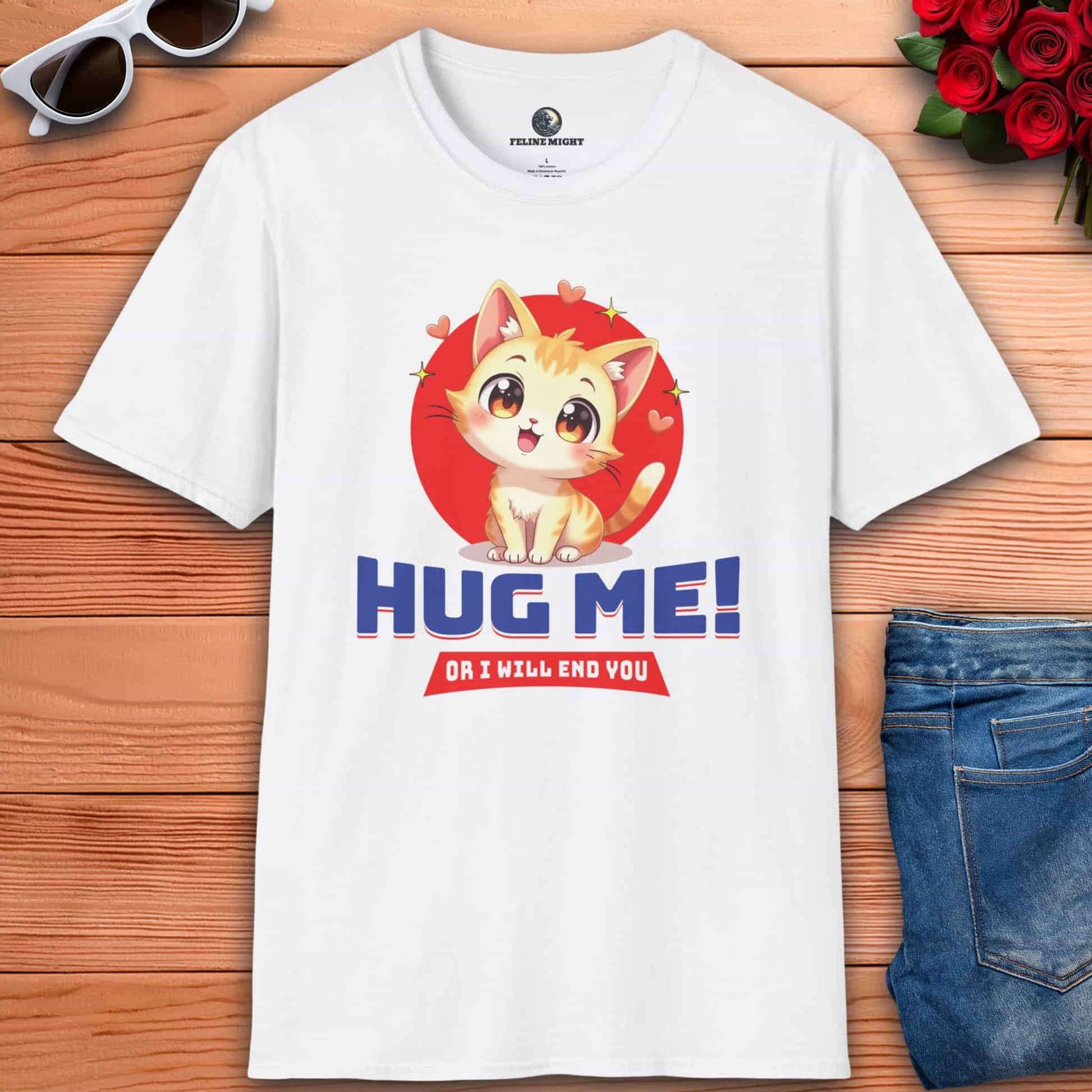 Cute white t-shirt with a cartoon cat saying 'Hug Me!'