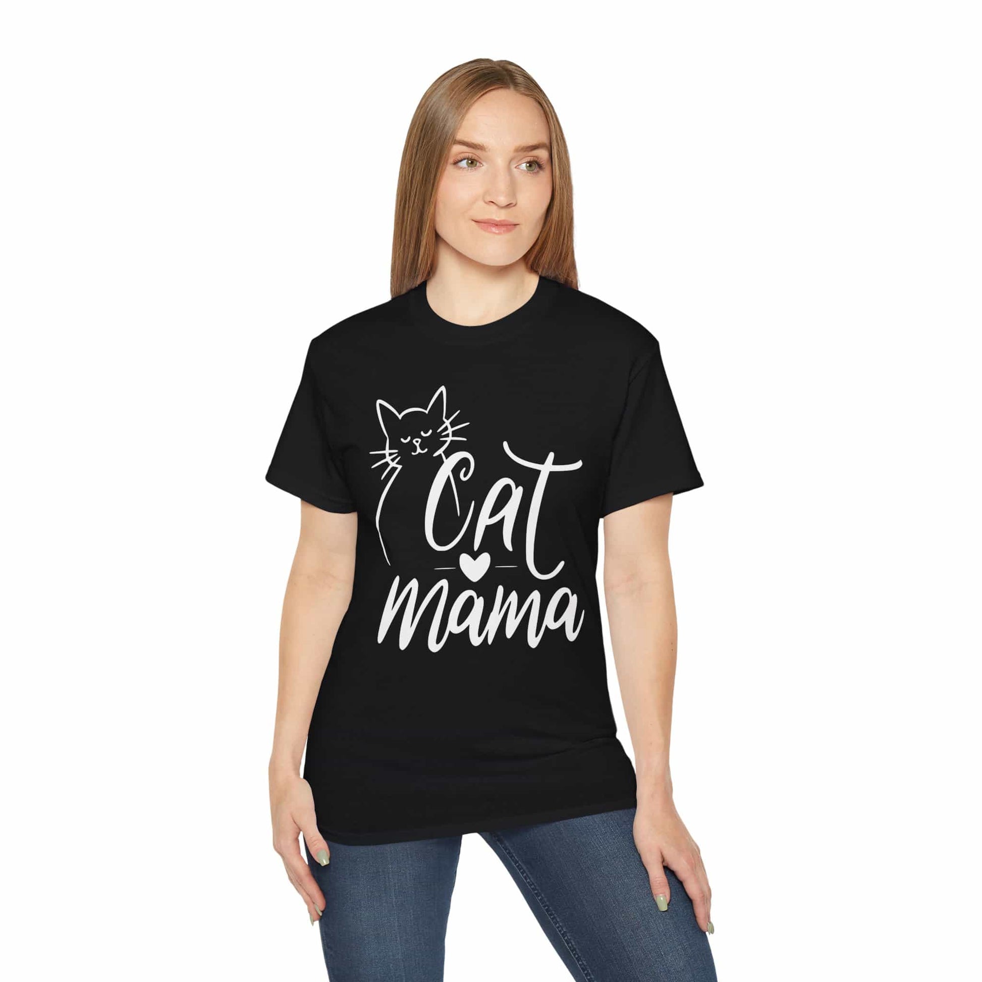 A woman wearing a black Cute Cat Mama T-shirt with 'Cat Mama' text and a cat graphic on a white background.