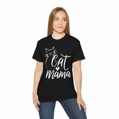 A woman wearing a black Cute Cat Mama T-shirt with 'Cat Mama' text and a cat graphic on a white background.