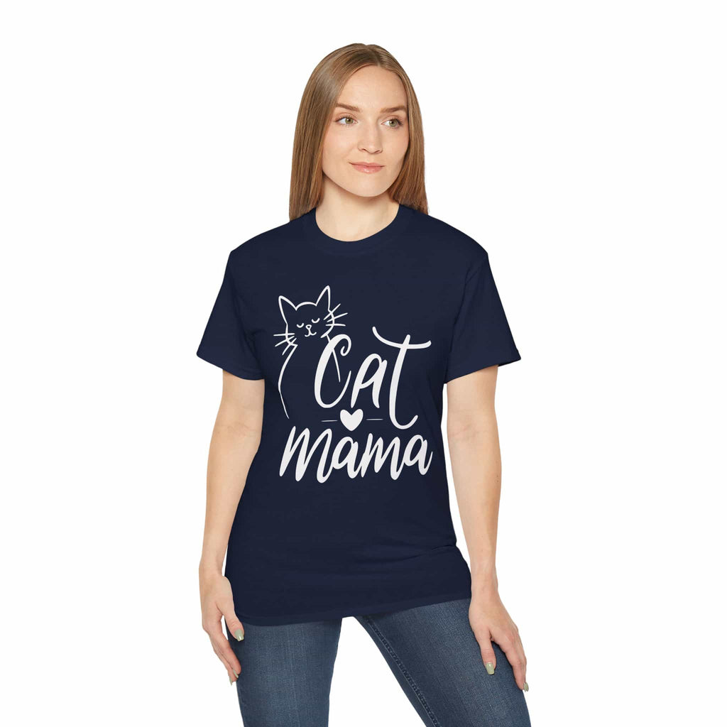 A woman wearing a navy blue Sweet Cat Mama Graphic T-Shirt with 'Cat Mama' text and a cat graphic on a white background.