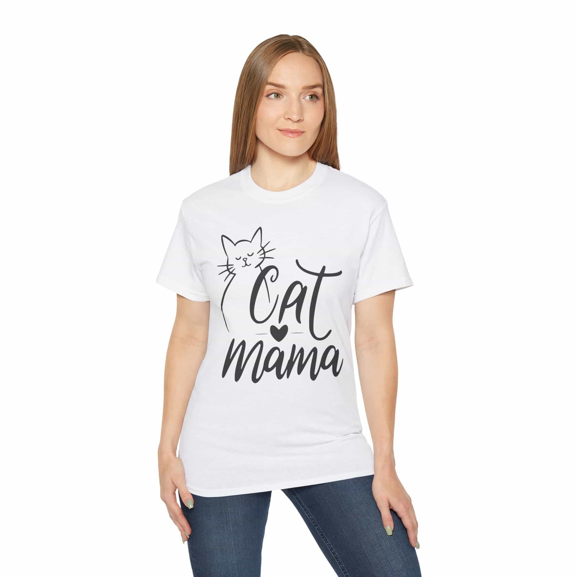 A woman wearing a white Cute Cat Mama T-shirt with 'Cat Mama' text and a cat graphic on a white background.