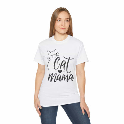A woman wearing a white Cute Cat Mama T-shirt with 'Cat Mama' text and a cat graphic on a white background.