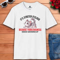 A white Stretch O’Clock Cat T-Shirt featuring a cute cat design and the text ‘It’s Stretch O’Clock. Because Fabulousness Needs Warming Up’
