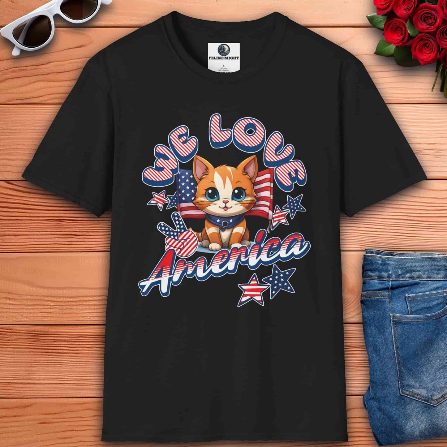A black Cute Patriotic Cat T-Shirt featuring a cat with stars and stripes, showing love for America.