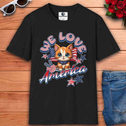 A black Cute Patriotic Cat T-Shirt featuring a cat with stars and stripes, showing love for America.