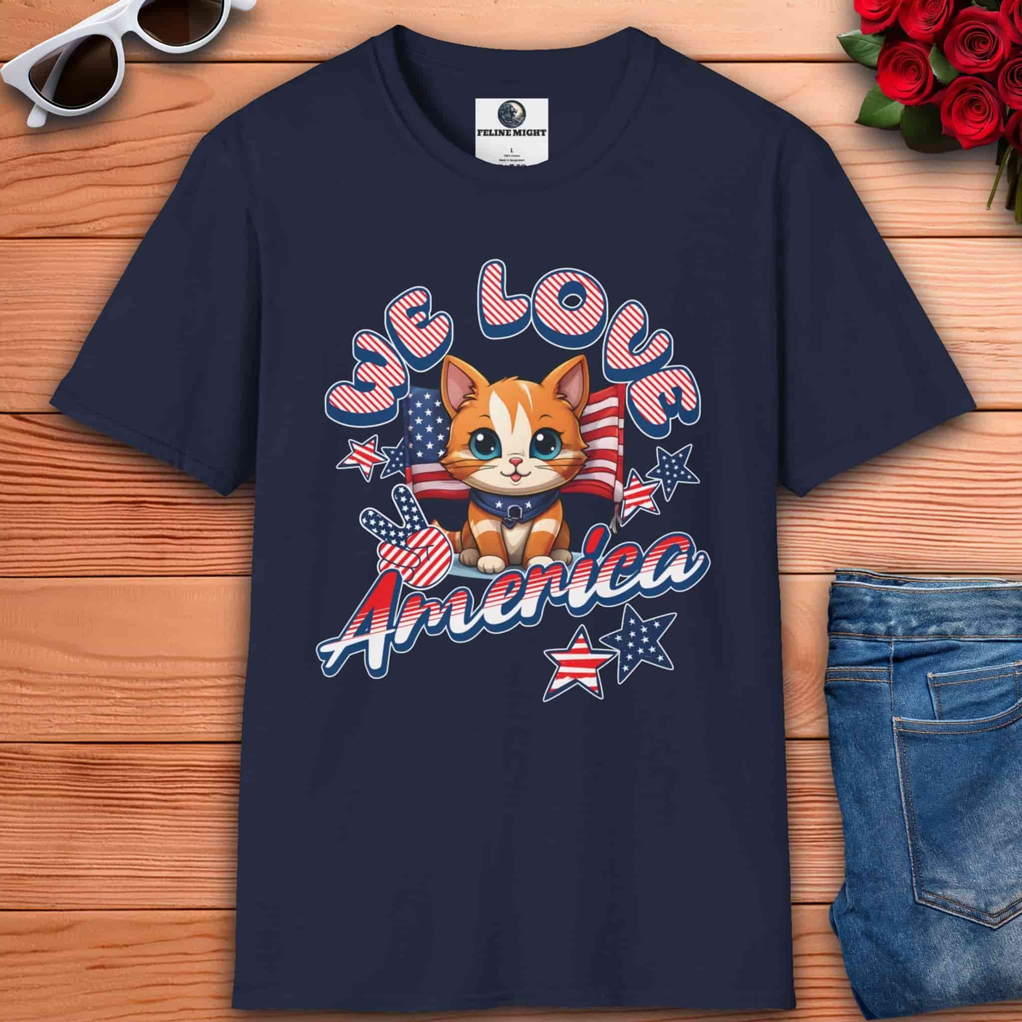 A navy blue American Spirit Cat Graphic T-Shirt featuring a cat with stars and stripes, showing love for America.